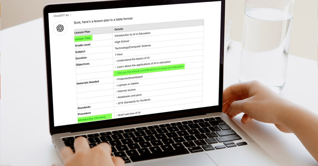 Teacher creating AI lesson plan with ChatGPT in classroom