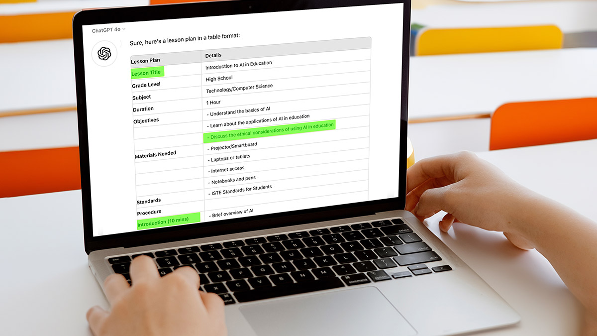 Teacher creating AI lesson plan with ChatGPT in classroom