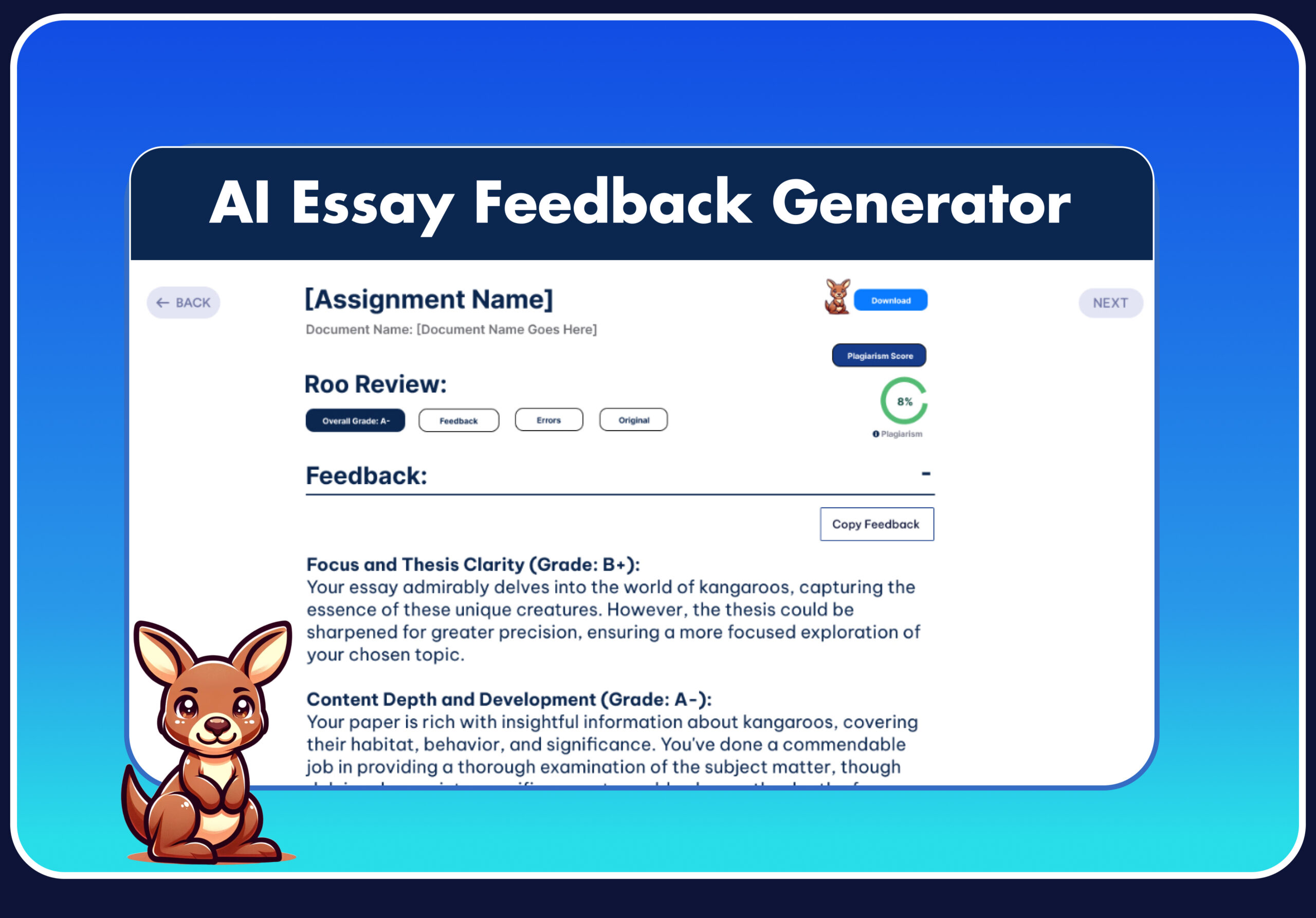 User friendly AI Essay feedback generator dashboard for teachers