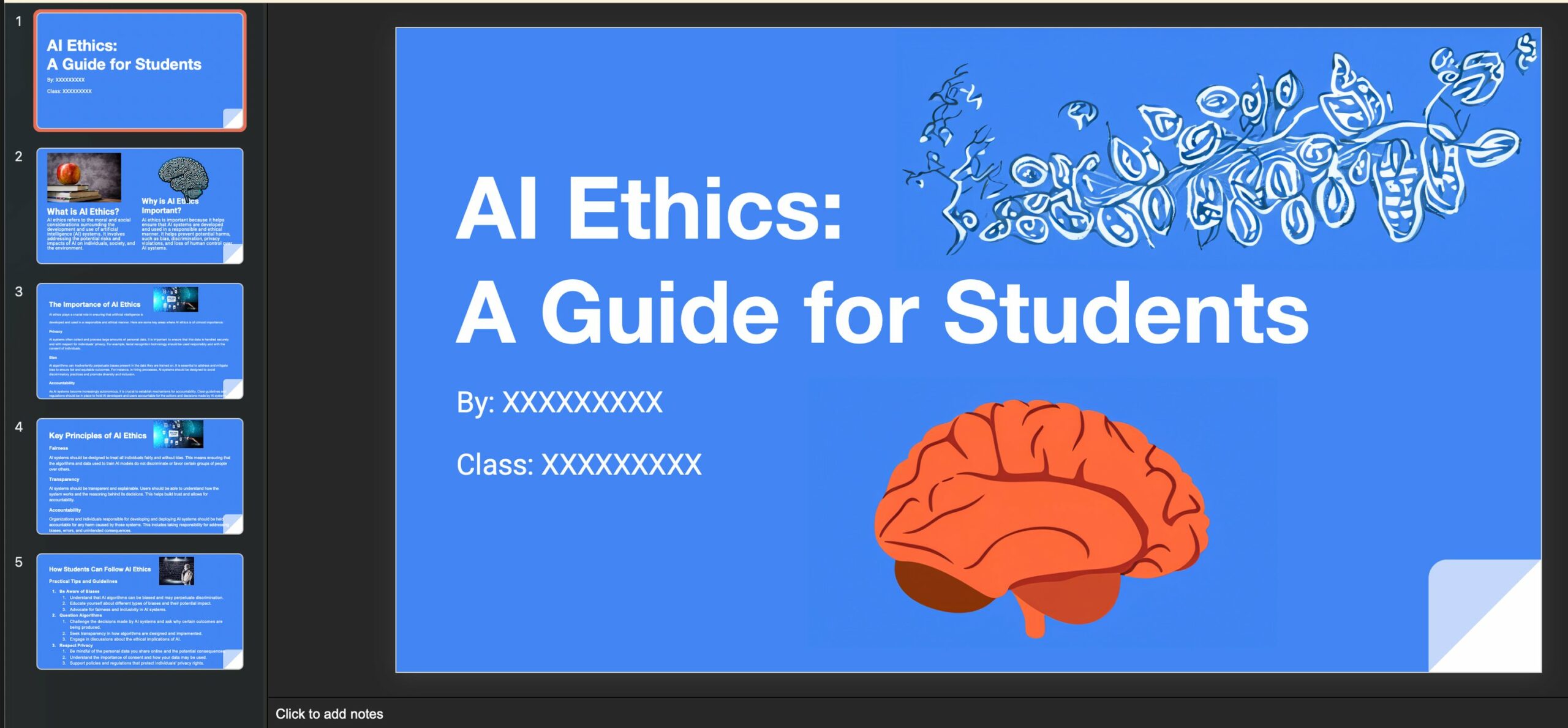 AI ethics presentation for teachers to students on the importance on safe AI usage in the classroom